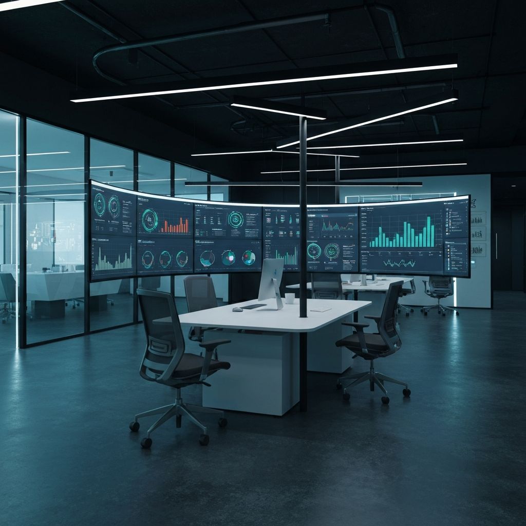 Modern analytics technology workspace with data dashboards